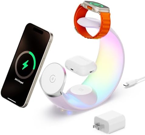 Ultimate 3-in-1 Magnetic Wireless Charging Station for Apple Devices – Fast Charge Your i Phone 16/15/14/13/12/11, Apple Watch Series & Air Pods 4 with RGB Night Light – Enhanced Safety & Intelligent Charging Technology – Artful Design for Home and Office Aesthetics