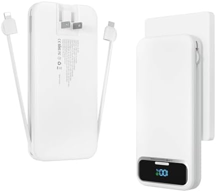 12000 m Ah Ultra-Light Portable Power Bank with Built-In Cables & AC Wall Plug – PD20 W USB-C Fast Charging for i Phone, Samsung & Android – LED Display for Battery Monitoring – Ultimate Travel Companion for Quick Device Recharging