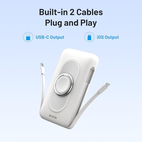 Magnetic Wireless Power Bank for Apple Devices – BLAVOR 10,000 m Ah Portable Charger with Built-in Cables and 20 W Fast Charging, Seamless Compatibility for i Phone 16/15/14/13/12 and Apple Watch, Integrated Stand for Hands-Free Use, Sleek White Design – Ultimate Convenience for On-the-Go Charging
