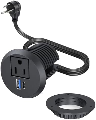 Recessed Desktop Power Grommet with PD 20 W Fast Charging USB-C and QC3.0 USB-A Ports – ETL Certified 2-Inch Outlet for Office, Home, Nightstand, and Kitchen with 6 ft Extension Cord (Black) – Streamlined Charging Solution to Minimize Clutter and Maximize Efficiency