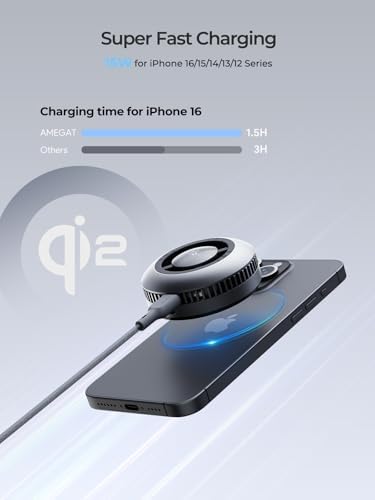Ultra-Fast 15 W Qi2 Certified Wireless Charging Pad with Integrated Cooling System – Mag Safe Compatible Charger for i Phone 12 to 16 Series – Innovative Design for Gamers and Multitaskers – Efficient Power Delivery for Seamless Use