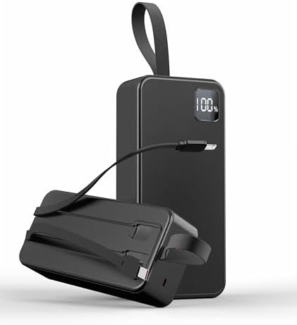 30000 m Ah Portable Power Bank – High-Capacity Fast Charger with Dual Built-In Cables for i Phone 15/14/13, Samsung Galaxy, and i Pad – 22.5 W PD QC4.0 Quick Charge Technology – Sleek Black Design for On-the-Go Charging