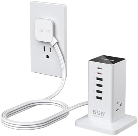 TESSAN 9-in-1 Powerful USB Charging Station – PD 65 W Multi-Device Charger Block for i Phone 15/16, Mac Book & Tablet – Fast, Efficient Power Delivery with 3 AC Outlets – Compact Travel & Home Office Accessory – Enhanced Compatibility & Safety Features
