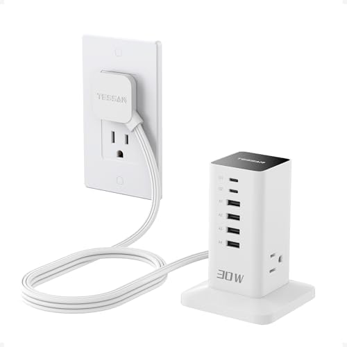 TESSAN 9-in-1 Powerful USB Charging Station – PD 65 W Multi-Device Charger Block for i Phone 15/16, Mac Book & Tablet – Fast, Efficient Power Delivery with 3 AC Outlets – Compact Travel & Home Office Accessory – Enhanced Compatibility & Safety Features