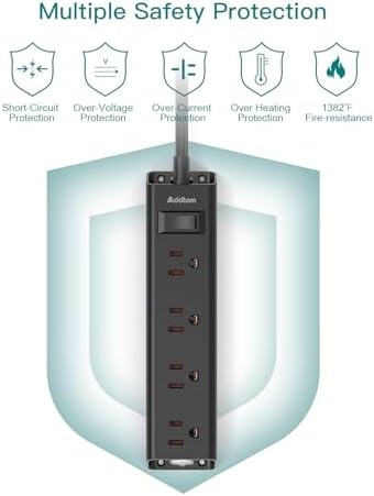Ultra-Thin Flat Plug Power Strip with 12 AC Outlets – Addtam 5-Ft Surge Protector for Desk and Wall Mount – Multi-Device Charging Station for Home and Office – 1050 Joules Protection, Space-Saving Design for Tidy Workspaces and Enhanced Connectivity