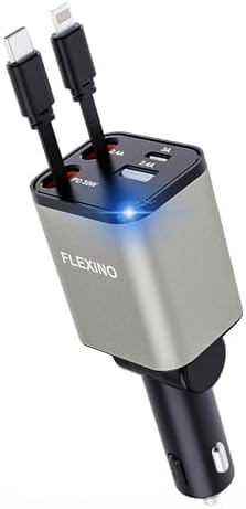 Premium Flexino Compact Retractable Car Charger for i Phone 16 – 69 W Fast Charging with Dual 2.6 ft USB C Cords | Efficient Power Adapter Compatible with i Phone 16/15/14/13/12 Series & Galaxy Devices | Sleek Grey Design for Ultimate Portability and Reduced Cable Clutter