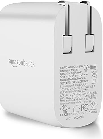 Amazon Basics 36 W Dual-Port USB-C Wall Charger for Phones and Tablets – Fast Charging Power Delivery Adapter, Compact Design for Travel, Enhanced Compatibility & Safety Features in Sleek White Finish