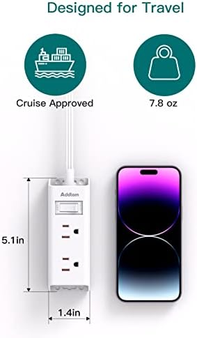 Addtam Ultra Flat Power Strip for Cruise & Travel – 5 ft Extension Cord with 6 Outlets, Compact Design for Dorms & Home Offices – No Surge Protection, Ideal for On-the-Go Charging – Lightweight & Space-Saving Solution