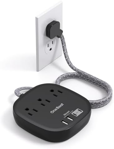 10 Ft Flat Plug Power Strip with 3 AC Outlets & 4 USB Ports, Ideal Desktop Charging Station for Cruise Ships & Dorms – Compact Design & Fast Charging for Multi-Device Use