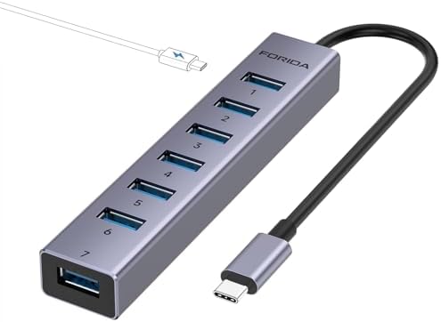 Elevate Your Connectivity Game with the FORIDA 8-Port USB 3.0 Hub – Ultimate USB Splitter Featuring 7 High-Speed Data Ports, USB-C Power Delivery, and a 47-Inch Versatile Cable for Laptops and PCs – Perfect for Seamless Device Integration and Enhanced Productivity