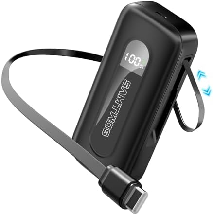 Compact 10,000 m Ah Power Bank with Retractable USB-C Cable – 30 W Fast Charging Portable Charger for i Phone 15/16, Galaxy, and i Pad – Smart LED Display for Travel Convenience and Enhanced Compatibility