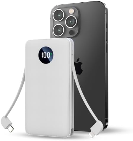 Ultra-Slim 12000 m Ah Portable Charger with Built-In Cables – 22.5 W Fast Charging Power Bank for i Phone & Android | LCD Display for Real-Time Battery Monitoring | Lightweight Travel Essential for On-the-Go Power Solutions