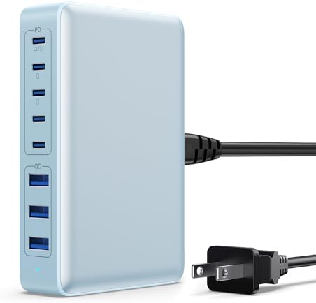 Revolutionary 300 W Ga N IV Technology USB-C Charging Hub – 8-Port Multi-Device Charger for Mac Book Pro/Air, DELL Laptops, i Phone 16/15/14 & Galaxy S25 – Sleek Navy Finish for Enhanced Home & Office Efficiency – Your Premier Solution for Rapid Device Power and Seamless Connectivity