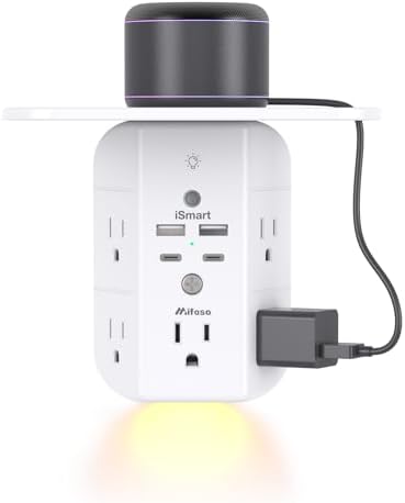 Revolutionary Wall Outlet Extender with Integrated Shelf & Adjustable Night Light – 5 USB Ports Including Rapid USB-C Charging, Surge Protection, and Compact Design for Enhanced Organization and Efficiency
