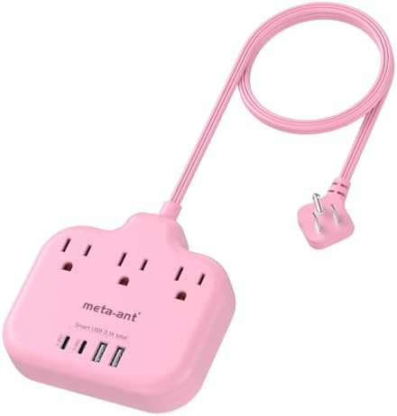 Stylish Brown Travel Power Strip with 5 Ft Cord – Compact Extension Solution Featuring 3 AC Outlets & 4 USB Ports (2 USB-C) for Rapid Charging – Ideal Desk Accessory for Tan Wood and Walnut Grain Décor – Maximize Functionality & Aesthetics in Any Space