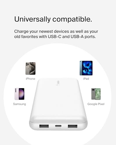 Belkin 20000 m Ah USB-C Power Bank – Dual USB-A Ports, Fast 15 W Charging for i Phone 16/15 Plus, Samsung Galaxy S25, Pixel, i Pad, Nintendo Switch 2 – Travel-Friendly Design in Pearl Blue for Enhanced Device Compatibility and On-the-Go Power