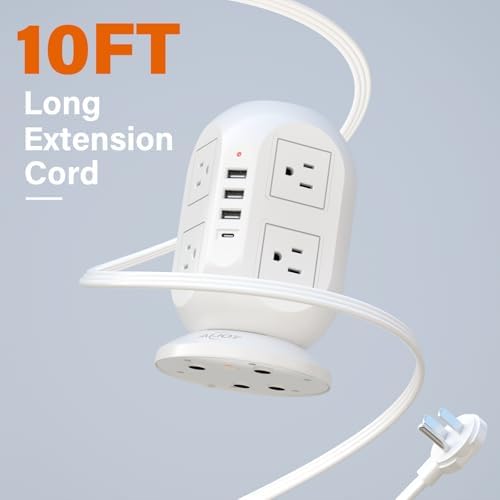 Compact Surge Protector Power Strip Tower with 8 AC Outlets & 4 Fast-Charging USB Ports (1 USB-C) – Aioy 10 FT Flat Plug Extension Cord for Organized Home & Office Use, Black – Ultimate Device Charging Solution for Efficiency and Safety