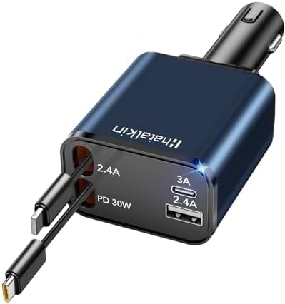 2025 Ultra-Compact 4-in-1 Retractable Car Charger – 69 W Fast Charging Adapter for i Phone 16, Galaxy and More – Innovative Space-Saving Design with Multiple Ports for Simultaneous Device Powering – Essential Car Accessory for Daily Commutes and Road Trips
