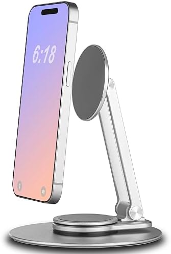Magnetic Phone Stand for Desk, 360° Rotatable Foldable Magnetic Phone Holder Stand, Height&Tilt Adjiustable, Non Slip Base Magsafe Phone Holder for iPhone 15/14/13/12 Series/Magsafe Case (Silver) – Enhanced Compatibility and Speed