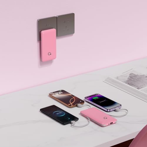 Ultimate Q 10000 m Ah Slim Power Bank with Built-in AC Plug – Ultra-Portable Charger for i Phone, Samsung, Android & Tablets – Four Output Ports for Simultaneous Charging, Includes Micro USB & USB-C Cables – Experience Enhanced Compatibility & Rapid Power on the Go