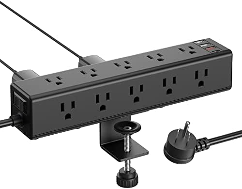 CCCEI 15-Outlet Desk Clamp Power Strip – Ultimate Surge Protector with Fast Charging USB Ports, 6 FT Flat Plug for Enhanced Accessibility, Compatible with 1.6-Inch Tabletops, Sleek Black Design for Modern Workspaces