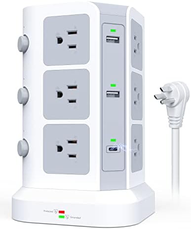 KOOSLA Power Strip Tower: Ultimate 12 Outlet Surge Protector with 6 Fast USB Charging Ports – 15 A 1500 J Protection for Home Office and Dorm Essentials – Sleek Flat Plug Design with 6.5 ft Heavy-Duty Extension Cord for Maximum Efficiency and Space-Saving Solutions