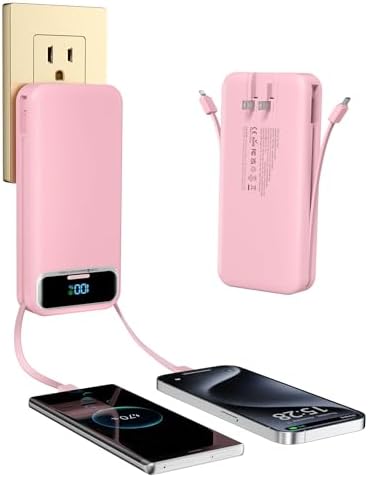 Ultra-Compact 12000 m Ah Power Bank with Built-in Charging Cables & AC Plug – 20 W PD Fast Charging for i Phone, Samsung, Android, USB-C Devices – Travel-Friendly External Battery Pack in Purple – Unmatched Portability and Efficiency for On-the-Go Charging Solutions