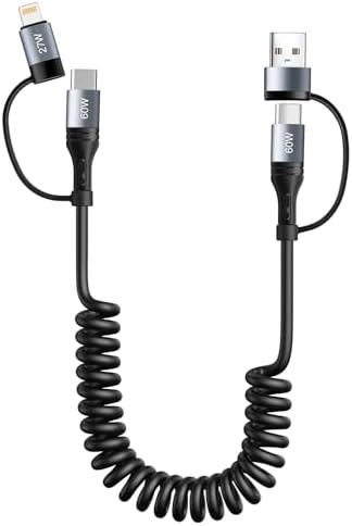 Versatile Coiled Lightning Cable Set [2-Pack, 4 FT] – 4-in-1 Premium MFi Certified Fast Charging Cable with 60 W Power Delivery, Retractable Design for i Phone 15/14/13/12/11 Pro Max, i Pad, Air Pods & Mac Book – Tangle-Free Convenience for Home & Travel