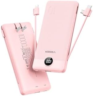 VEGER 10000 m Ah Slim Fast Charging Portable Power Bank with Built-In Cables and Wall Plug – Essential Travel Battery Pack for i Phone, i Pad, Samsung & More in Vibrant Green – Unmatched Convenience and Speed for Mobile Users