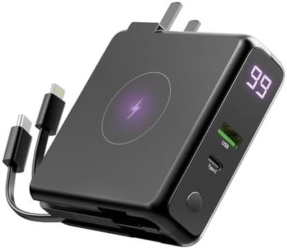 Sanag 5-in-1 Travel Charger Power Bank – 10,000 m Ah Fast Charging Wireless and USB-C Device with Built-in Cables & AC Wall Plug for Ultimate Compatibility with i Phone, Samsung & More – Compact, Lightweight, and Designed for On-the-Go Charging Efficiency