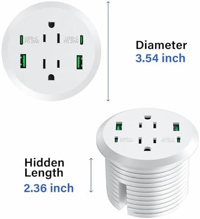 Revolutionize Your Workspace with the Elite Desktop Power Grommet: 40 W Fast Charging Hub Featuring 2 PD 20 W USB-C Ports, Dual AC Outlets, 4 USB Ports, and 6 ft Cord for Optimal Flexibility – Sleek Recessed Design for a Clutter-Free Desk Environment