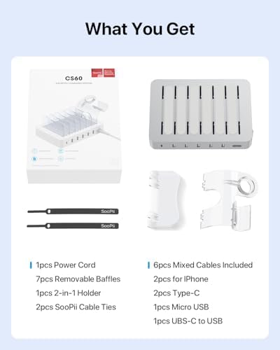 Soo Pii 60 W 6-Port USB-C Charging Station with 20 W Fast Charge – Multi-Device Power Hub for i Phone 14/13/12, Includes 6 Short Cables & 2-in-1 Holder for Organized Charging – Perfect for Home, Office & Travel