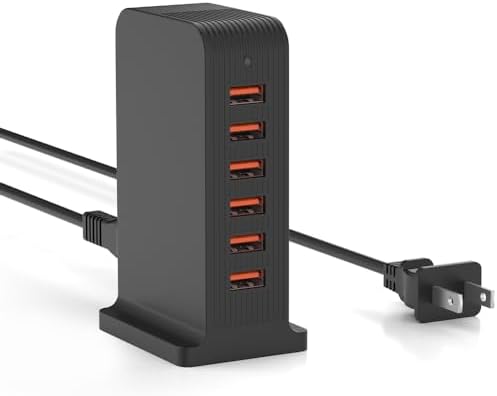 VPSUN 6-Port USB Charging Station – 50 W Rapid Multi-Device Charger for i Phone 15/14 Pro, Androids & Tablets – Space-Saving Tower Design for Home & Office – Smart Power Distribution for Optimal Charging Efficiency