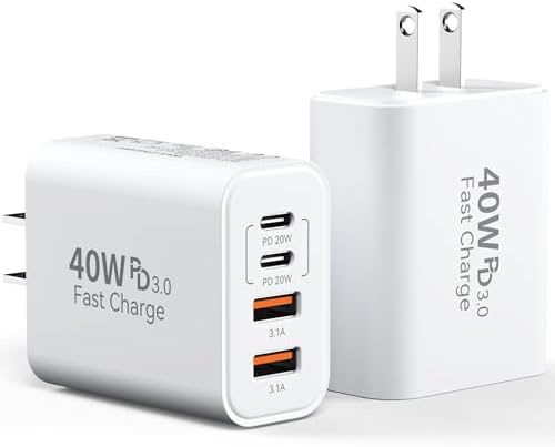 40 W USB C Charger Block – Dual Pack of 4-Port Fast Charging Power Bricks with PD & QC 3.0 Technology for i Phone 16/15/14/13/12/11 Pro Max, i Pad, Galaxy, Pixel – Sleek White & Blue Design for Convenient Multi-Device Charging