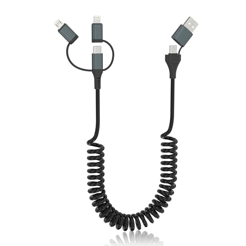 Revolutionary 4-in-1 Coiled Charging Cable: USB, USB-C & Lightning Combo for Seamless Apple Car Play & Android Auto Compatibility – 5 FT, 60 W Fast Charging Multi-Device Cord for i Phone, Samsung, i Pad, Mac Book – Tangle-Free Travel Solution