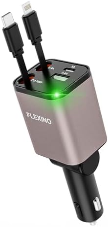 Premium Flexino Compact Retractable Car Charger for i Phone 16 – 69 W Fast Charging with Dual 2.6 ft USB C Cords | Efficient Power Adapter Compatible with i Phone 16/15/14/13/12 Series & Galaxy Devices | Sleek Grey Design for Ultimate Portability and Reduced Cable Clutter