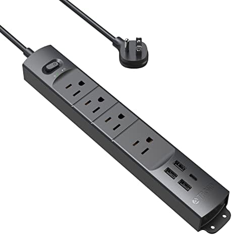 Ultra-Slim TROND Surge Protector Power Strip with 3 USB Ports & Type C – 4 AC Outlets for Maximum Device Protection & Charging Speed – 1440 J Surge Defense, ETL Listed, Space-Saving Wall Mount Design for Home Office & Dorm Use – Versatile Power Management Solution in Elegant Black