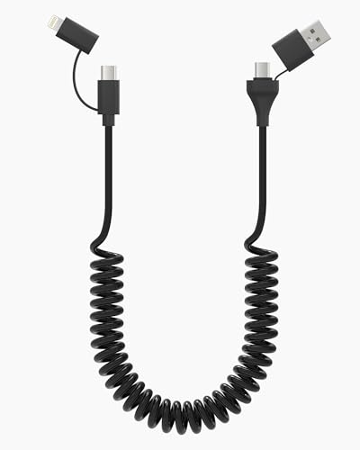 Versatile 5-in-1 Coiled Charging Cable: USB, USB-C, and Lightning Connector for Universal Compatibility – Fast Charge i Phone, i Pad, and Samsung Devices – Ideal for Car Play & Android Auto – Tangle-Free Design Enhances Convenience and Durability