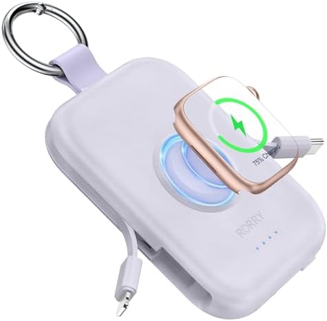 Compact RORRY 5000 m Ah Portable Charger Power Bank with Integrated Cables – Sleek Keychain Battery Pack for i Phone 16/15/14/13/12 and Apple Watch Ultra Series, Ultimate Travel Companion with Fast Charging and Modern Design