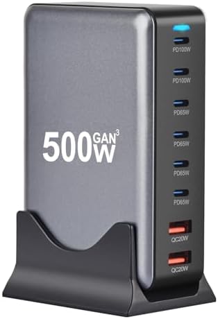 Ultimate 500 W Ga N USB-C Charging Hub: Fast, Compact Power Station with 8 Ports for DELL, HP, Mac Book Pro/Air, i Pad, and i Phone 16/15/14/13 Pro Max – Advanced Dual PD PPS Technology for Rapid Charging and Superior Thermal Safety – Efficient, Lightweight Design for Multiple Device Compatibility