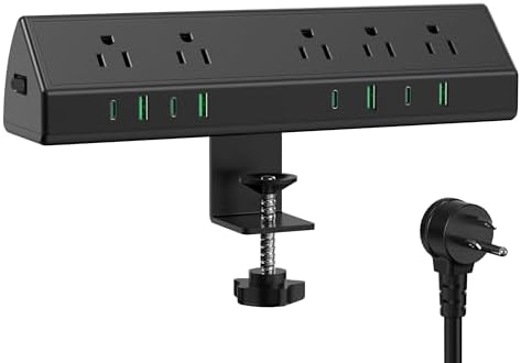 Maximize Efficiency with the 45 W Desk Clamp Charging Station – 4 PD USB-C Ports & 5 AC Outlets, ETL Listed Surge Protector for Ultimate Device Protection, 14 AWG Heavy-Duty Cord, Secure Fit for 1.9″ Tabletops (Black, 6 FT Cable) – Your All-in-One Power Solution for Home and Office
