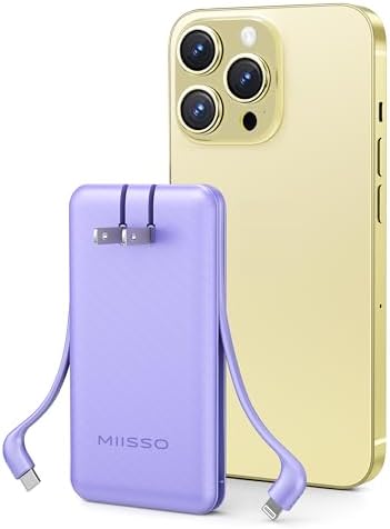 miisso Ultra Slim 10000 m Ah Portable Power Bank with Built-in Cables and Foldable Wall Plug – Compact USB-C Charger for i Phone, Samsung, i Pad & More – Perfect Travel Companion for On-the-Go Charging Efficiency