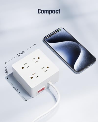 SUPERDANNY Portable USB Power Strip Surge Protector – Premium Desktop Extension Cord with 4 Spacious Outlets & 4 Advanced Smart USB Charging Ports for Home, Office, Hotel, Dorm, and RV Use – Elegant Faux Walnut Finish for Enhanced Aesthetics and Device Safety