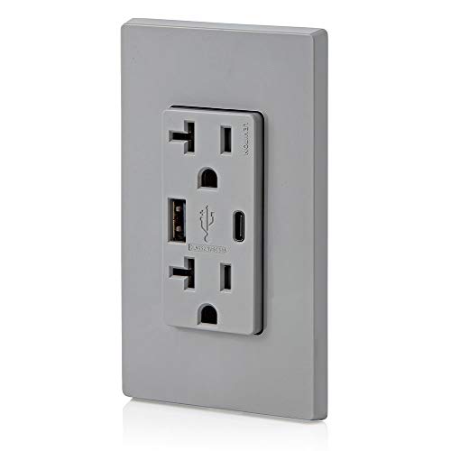 Leviton Dual USB In-Wall Charger with 20 A Tamper-Resistant Outlet – Type A & Type-C Compatibility for Smartphones and Tablets, Light Almond Finish – Streamlined Charging Solution for Home and Office Spaces