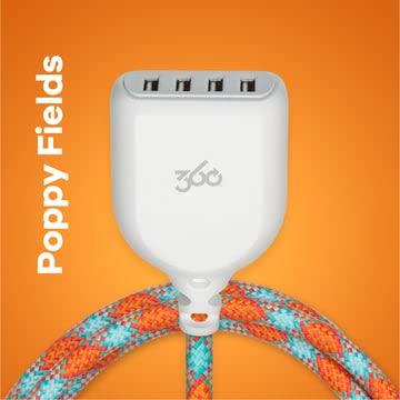 Transform Your Charging Routine with the 360 Electrical Habitat 4.8 A 6 ft USB Extension Cord – Versatile 4-Port Power Hub Ideal for i Phone, Android Devices, and Tablets – Stylishly Braided in Eye-Catching Poppy Fields – Fast Charging Capabilities with Superior Device Compatibility for an Organized, Tangle-Free Setup