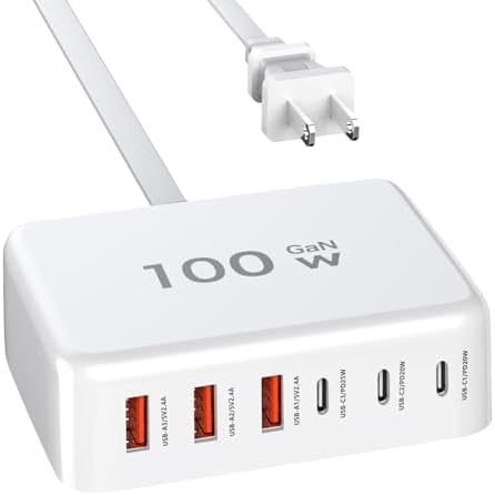 Supercharge Your Devices with the 100 W Ga N 6-Port USB C Fast Charger – Portable Charging Station with 3 PD USB-C & 3 QC USB-A Ports – Ultimate Solution for i Phone, i Pad, Galaxy, and Pixel – Compact Power Block for Home, Office, and Travel – Advanced Safety Features Included