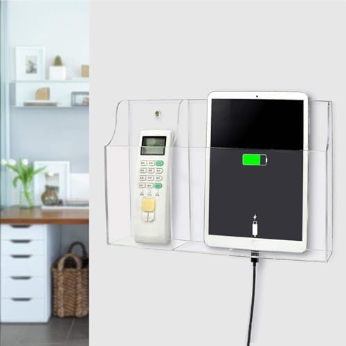 Yoillione Premium Wall-Mount Charging Station for Tablets and Smartphones – Dual-Slot Remote Control Organizer in Clear Acrylic – Streamlined Media Storage Solution with Enhanced Compatibility and Rapid Charging Speed – Perfect for Home and Office Use