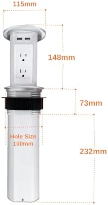 ZESHAN Sleek Pop-Up Power Outlet with 15 W Wireless Charging Station – Dual US Outlets, USB A & USB C PD Fast Charging Ports for Effortless Connectivity at Home or Office – Ideal for Conference Tables and Kitchen Counters, Modern Black Finish