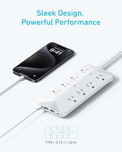 Anker 12-in-1 Flat Plug Power Strip – Ultimate USB-C Charging Station with 8 AC Outlets, 2 USB-C, 2 USB-A Ports, 5 ft Extension Cord, Slim Design for Home & Office, 900 J Surge Protection, Fast 35 W Output for Enhanced Device Safety and Efficiency