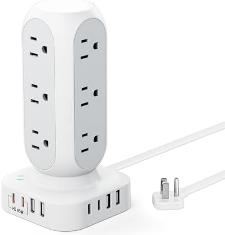 Revolutionize Your Charging Setup with the Flat Plug Power Strip Tower – 10 FT Extension Cord, 40 W Fast Charging Station Featuring 12 AC Outlets and 8 USB Ports (4 USB-C) for Ultimate Device Connectivity and Safety in Home, Office, or Dorm Room